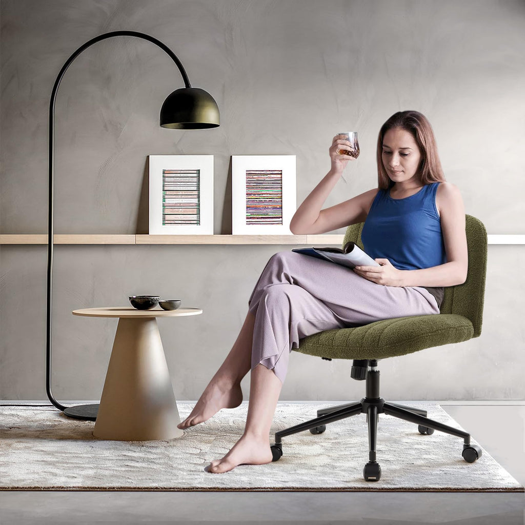 Criss Cross Chair Cross Legged Office Chair with Wheels Armless Wide Seat Desk Chairs Height Adjustable Computer Task Chairs Swivel Vanity Chair for Home Office Bedroom Make Up Small Space Green