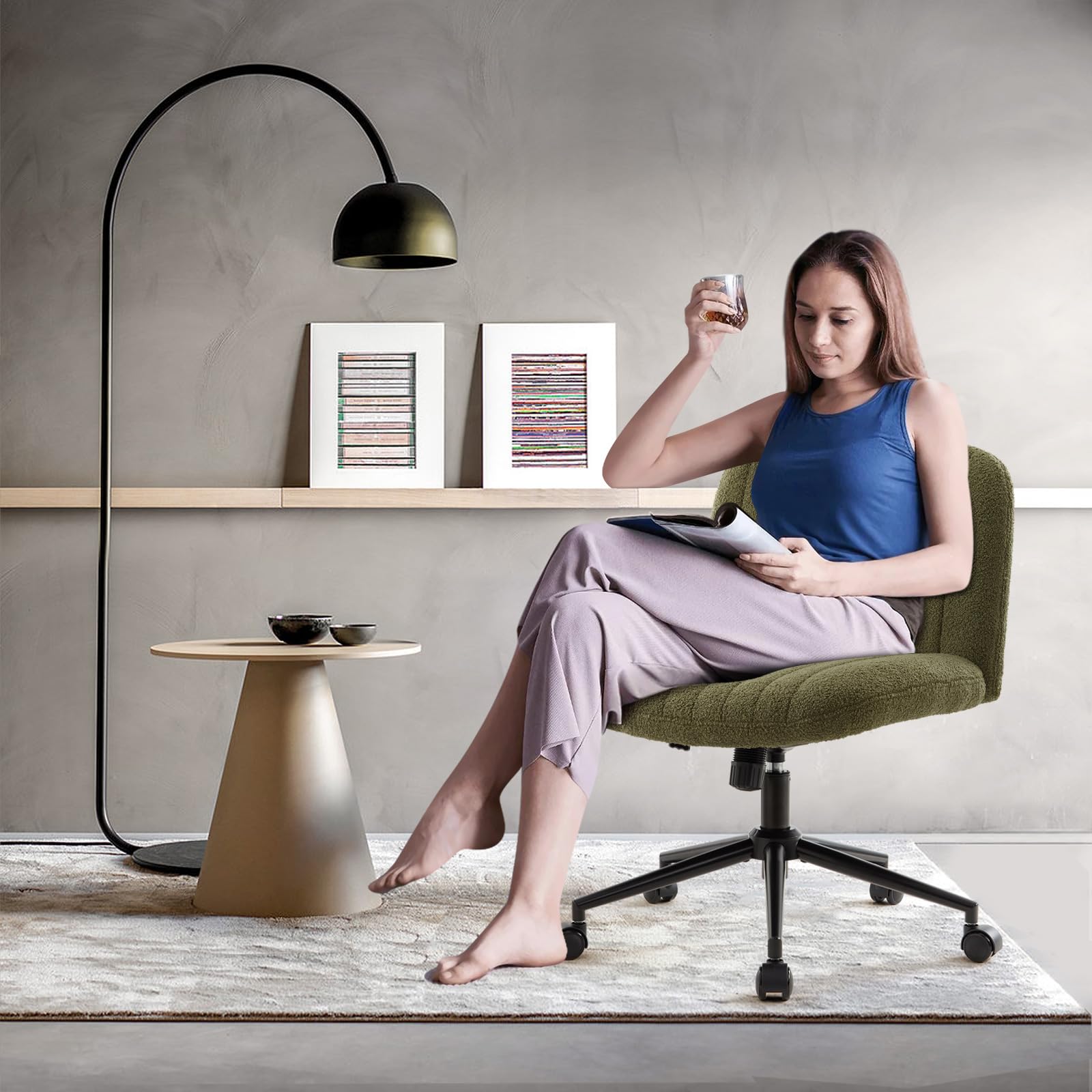 Criss Cross Chair Cross Legged Office Chair with Wheels Armless Wide Seat Desk Chairs Height Adjustable Computer Task Chairs Swivel Vanity Chair for Home Office Bedroom Make Up Small Space Green