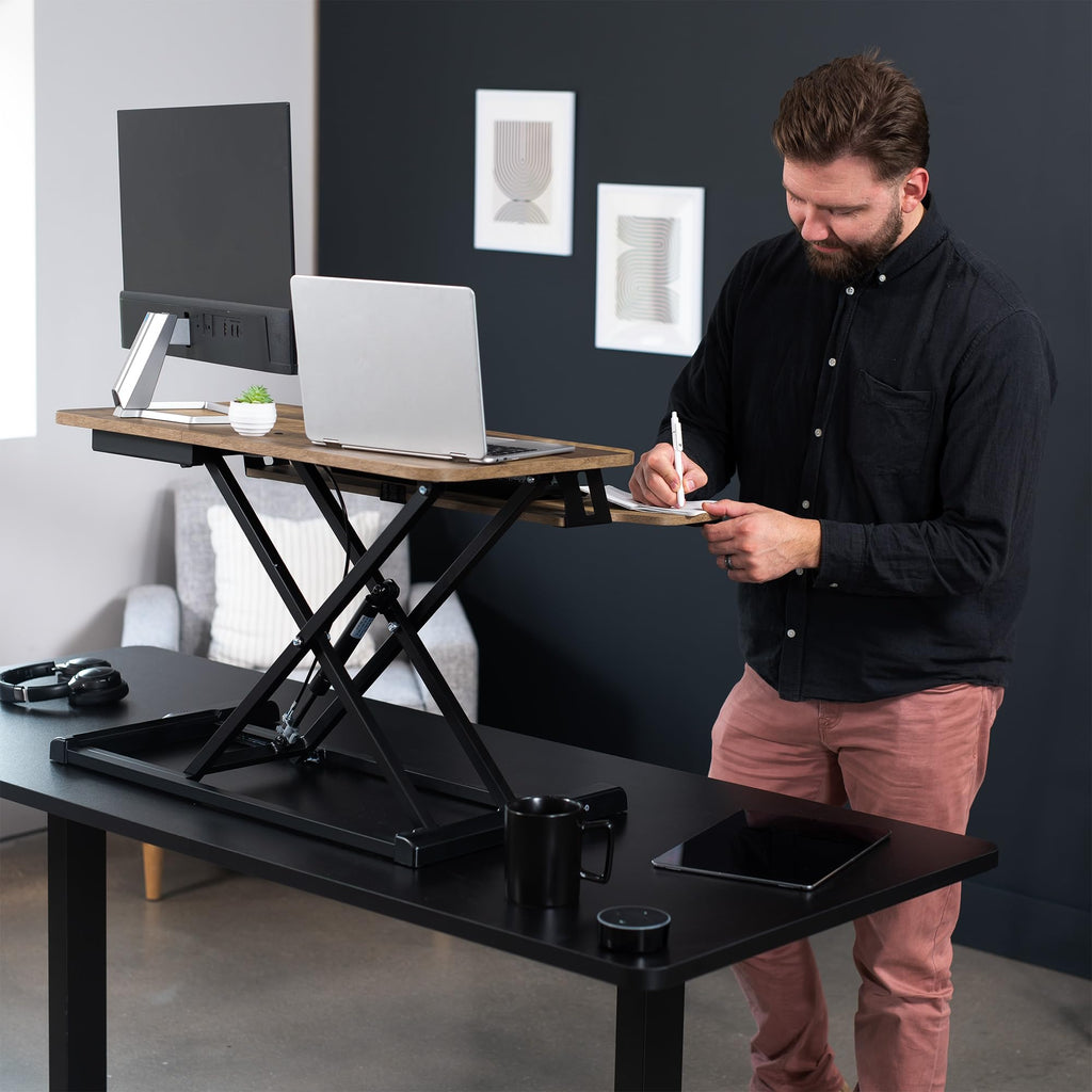 32 inch Desk Converter, K Series, Height Adjustable Sit to Stand Riser, Dual Monitor and Laptop Workstation with Wide Keyboard Tray, Reclaimed Wood Top, Black Frame, DESK-V000KP