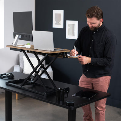 32 inch Desk Converter, K Series, Height Adjustable Sit to Stand Riser, Dual Monitor and Laptop Workstation with Wide Keyboard Tray, Reclaimed Wood Top, Black Frame, DESK-V000KP