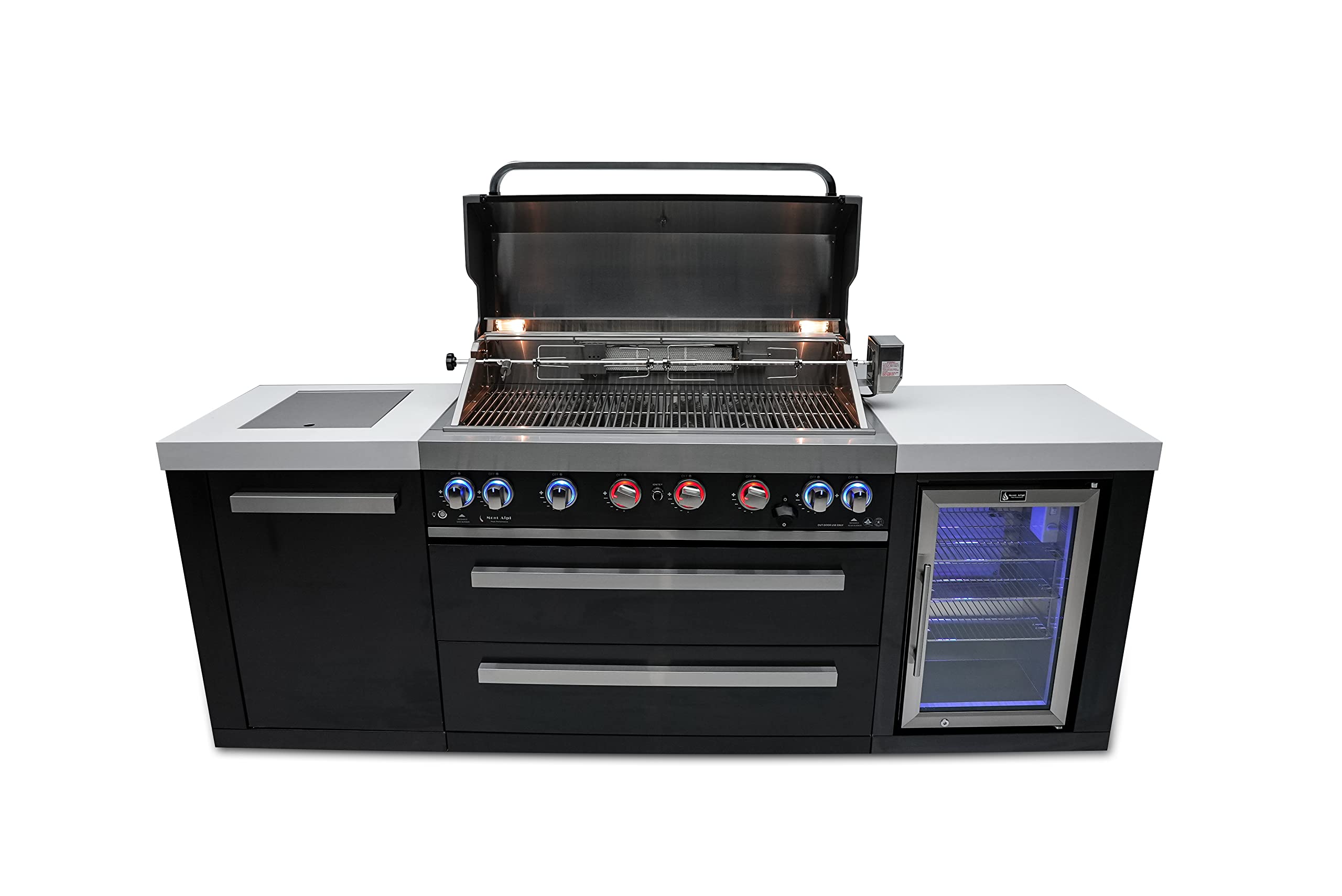 44-inch 6-Burner 115000 BTU Black Stainless Steel Gas Outdoor Kitchen Bar Island Grill w/Wine Cooler Beverage Center Refrigerator + Infrared Side Burner + Granite Countertop