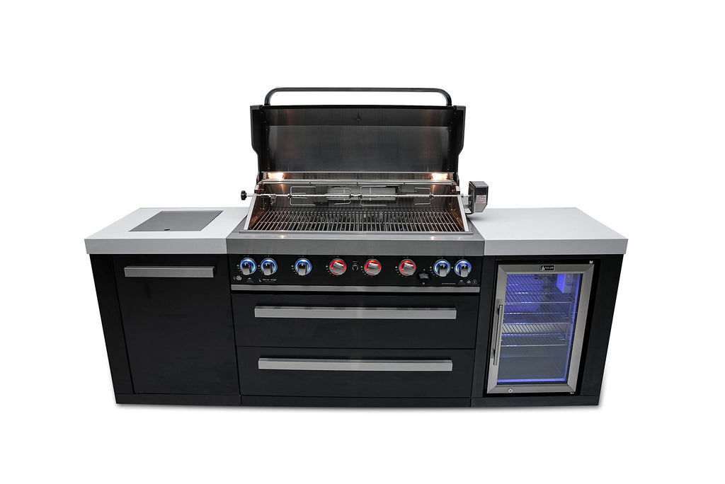 44-inch 6-Burner 115000 BTU Black Stainless Steel Gas Outdoor Kitchen Bar Island Grill w/Wine Cooler Beverage Center Refrigerator + Infrared Side Burner + Granite Countertop