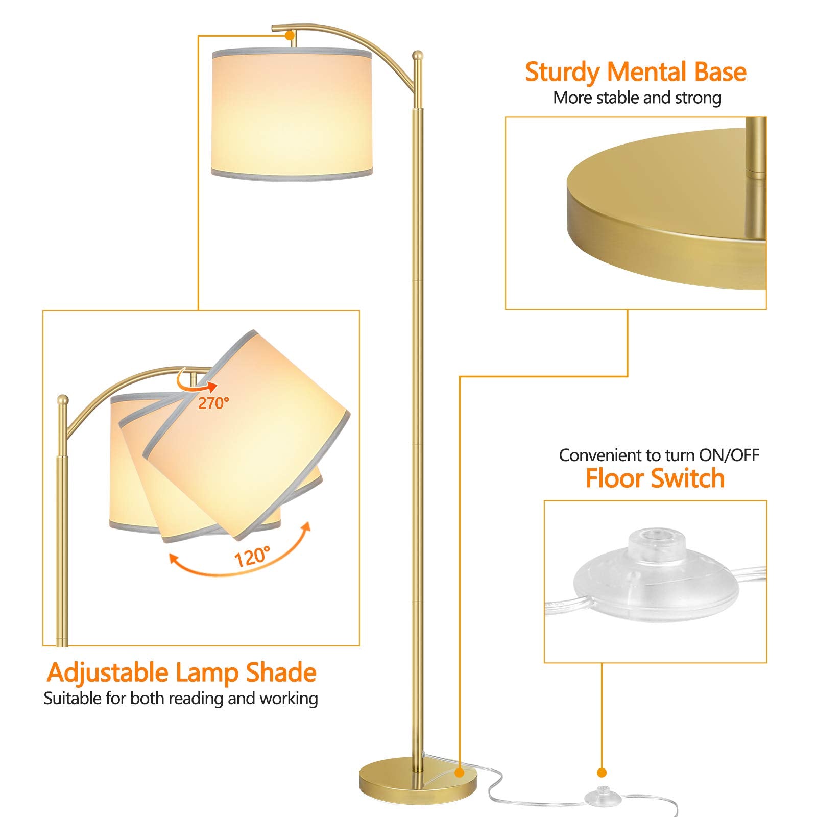 Floor Lamp for Living Room, LED Standing Lamp with 2 Lamp Shades Tall Industrial Floor Lamp Reading for Bedroom, Office, Study Room (9W LED Bulb, Beige & White Shades Included) -Gold