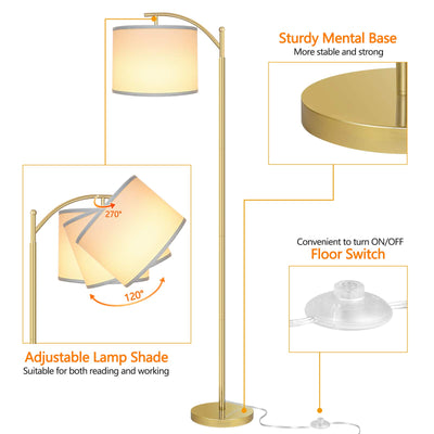 Floor Lamp for Living Room, LED Standing Lamp with 2 Lamp Shades Tall Industrial Floor Lamp Reading for Bedroom, Office, Study Room (9W LED Bulb, Beige & White Shades Included) -Gold