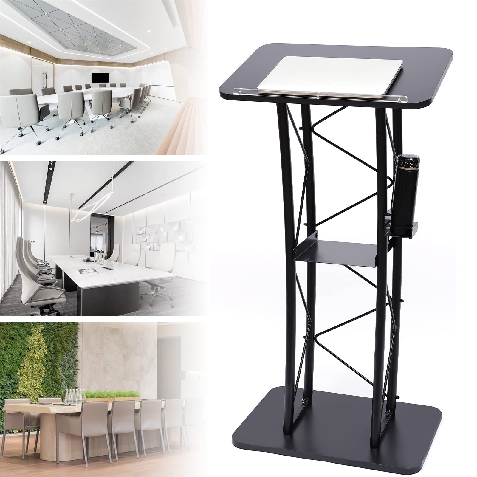 Metal Black Podium Conference Presentation Pulpit School Office Church Lectern,Curved Design Cup Holder Design, Wrought Paint Curved Podium, Schools, Churches, Meeting Rooms