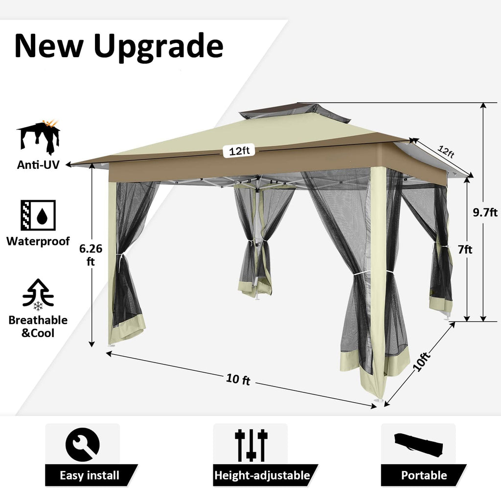 12x12 Pop Up Gazebo On Clearance - Upgrade Easy Up Metal Outdoor Canopy Waterproof - Portable Gazebo with Mosquito Nettings, 4 Ropes 8 Stakes and Carry Bag for Patio Garden(Khaki)