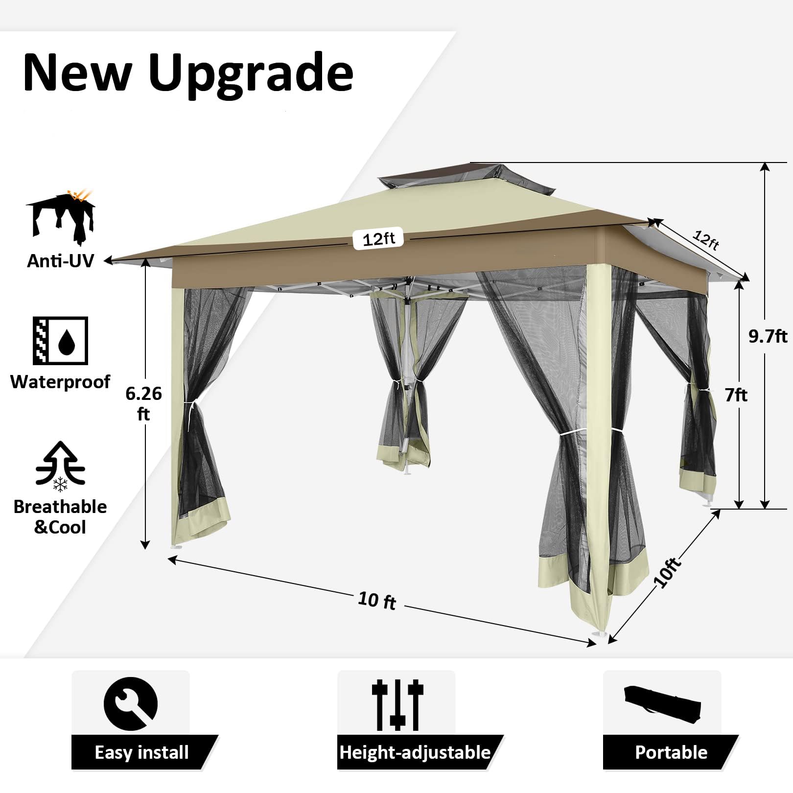 12x12 Pop Up Gazebo On Clearance - Upgrade Easy Up Metal Outdoor Canopy Waterproof - Portable Gazebo with Mosquito Nettings, 4 Ropes 8 Stakes and Carry Bag for Patio Garden(Khaki)
