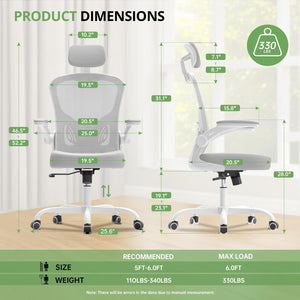Office Chair Ergonomic Desk Chair, 330LBS Capacity, High Back Computer Design for Long Hours Comfort, Rolling Swivel for Home Office, Flip-up Armrests, White+Grey