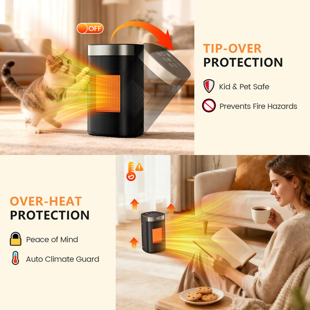 Space Heater, 1500W Electric Heaters for Indoor Use, 5 Modes & Smart Thermostat, Tip-Over & Overheat Protection, 24H Timer, Child Lock, Ceramic Fast Safety Heat for Office Bedroom Home