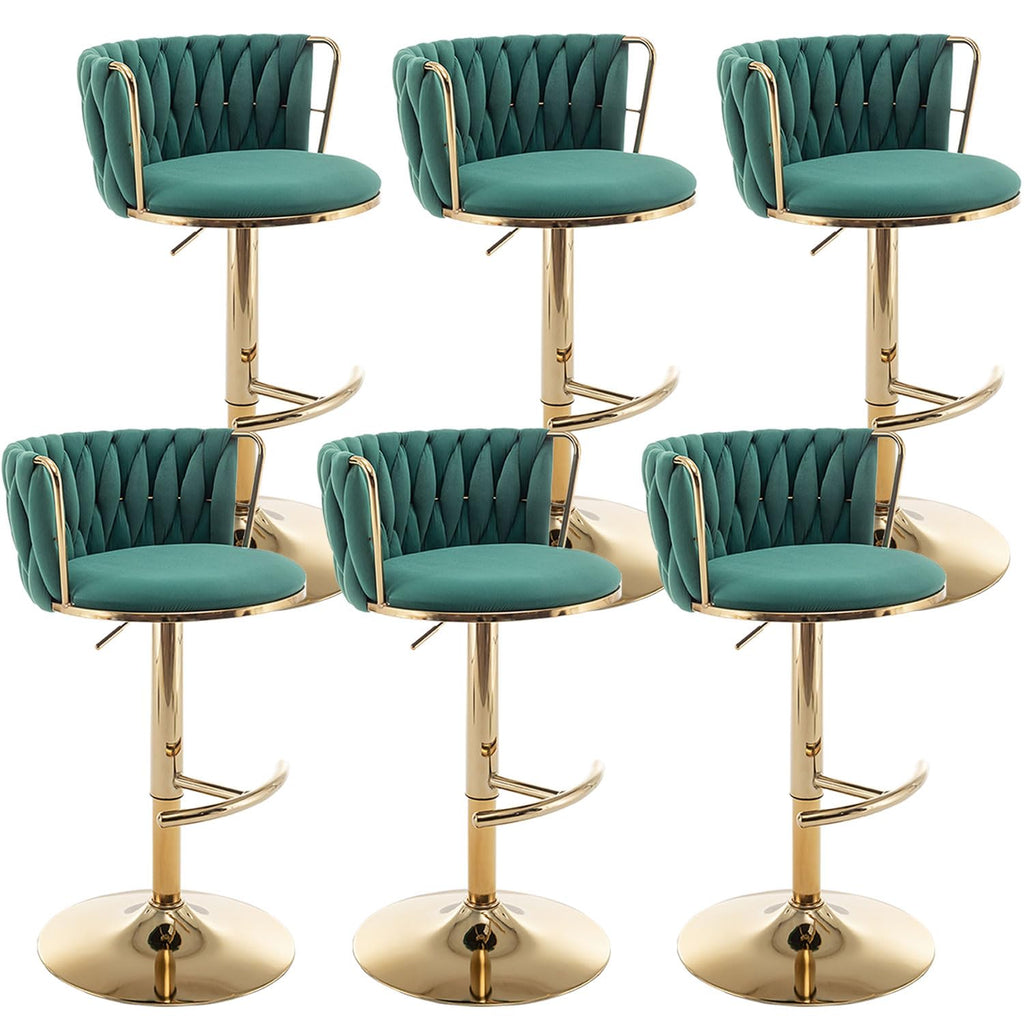 Gold Velvet Bar Stools Set of 6, Swivel Counter Height Bar Stools with Back, Adjustable Woven Barstools for Kitchen Island, Pub, Club (Green)