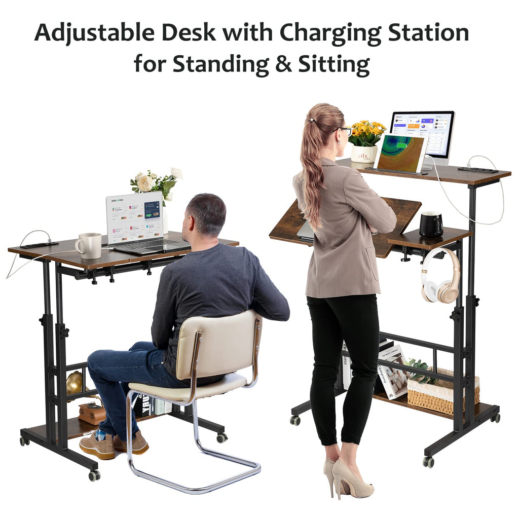 Mobile Standing Desk Adjustable Height, Rolling Desk Stand Up Desk, Mobile Laptop Desk, Rolling Computer Desk with Charging Station, Portable Desk with Wheels, Rustic Brown