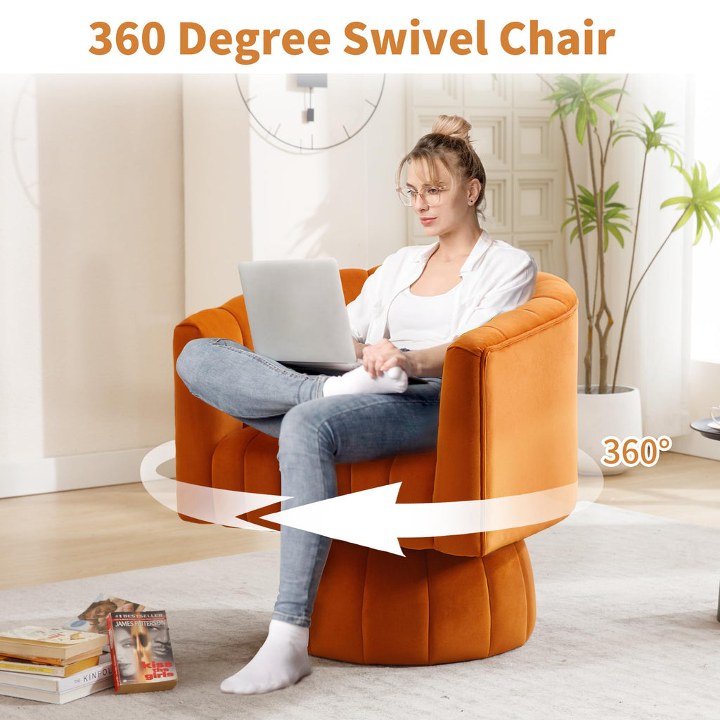 Swivel Accent Barrel Chair Set of 2- Cute Comfy Small Round 360° Arm Chair Velvet Sofa Club Reading Chair for Living Room Bedroom Office Orange