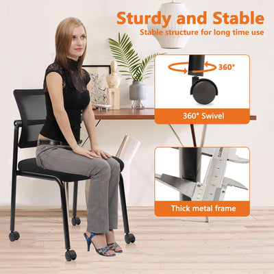 Stacking Armless Office Waiting Room Chair with Wheels, Stackable Mesh Guest Reception Desk Chairs with Adjustable Backrest for Conference Lobby Side School, Black