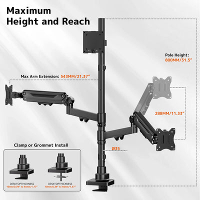 Triple Monitor Mount up to 49 inches, Fully Adjustable Heavy Duty 3 Monitor Arm with Gas Spring, Desk Mount for 3 Screens, C-Clamp & Grommet Base, Holds 44 lbs, Black