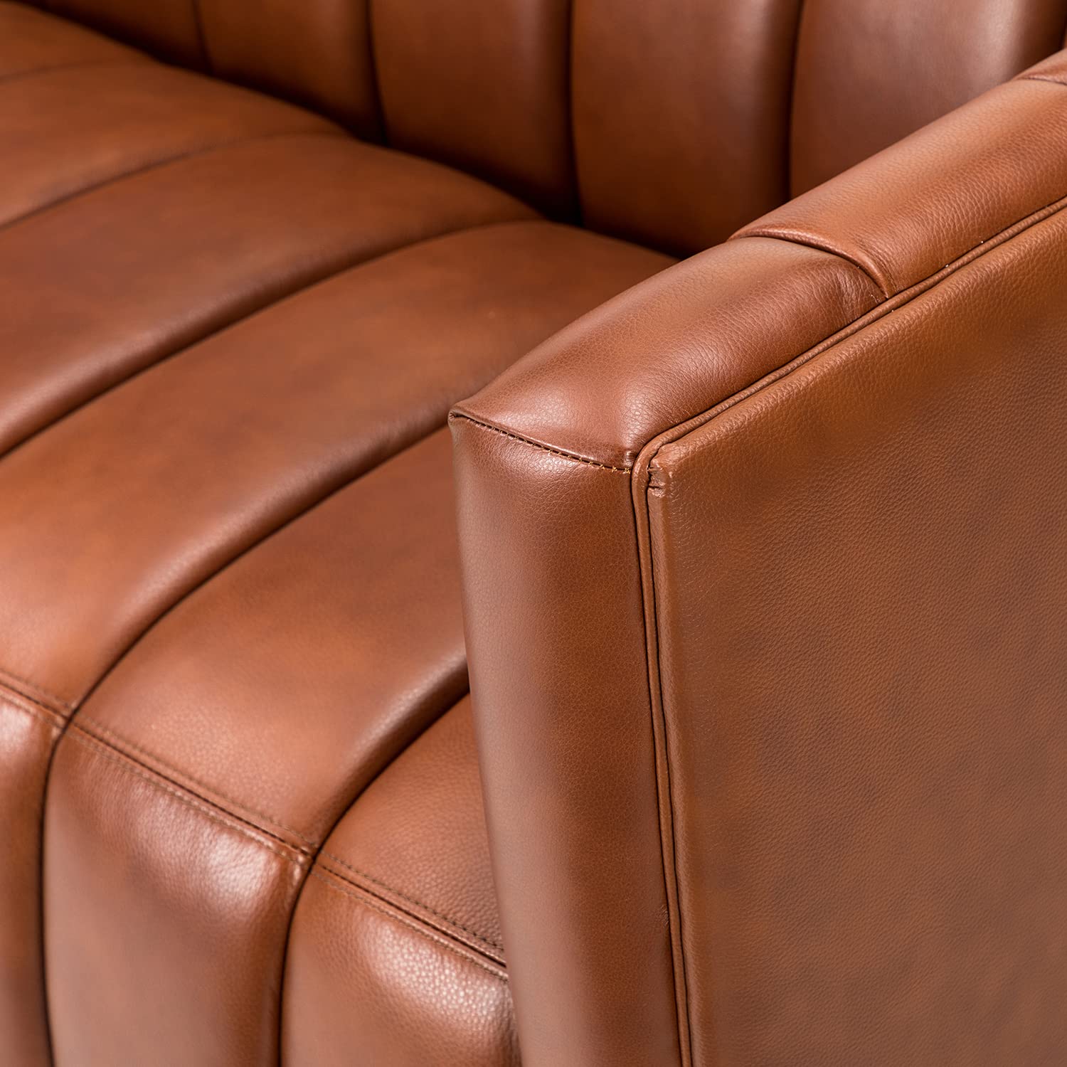 83" Genuine Leather Sofa with Channel Tufted Design, 3-Seater Sofa for Living Room Bedroom, Modern Oversized Couch with Wood Legs, Brown