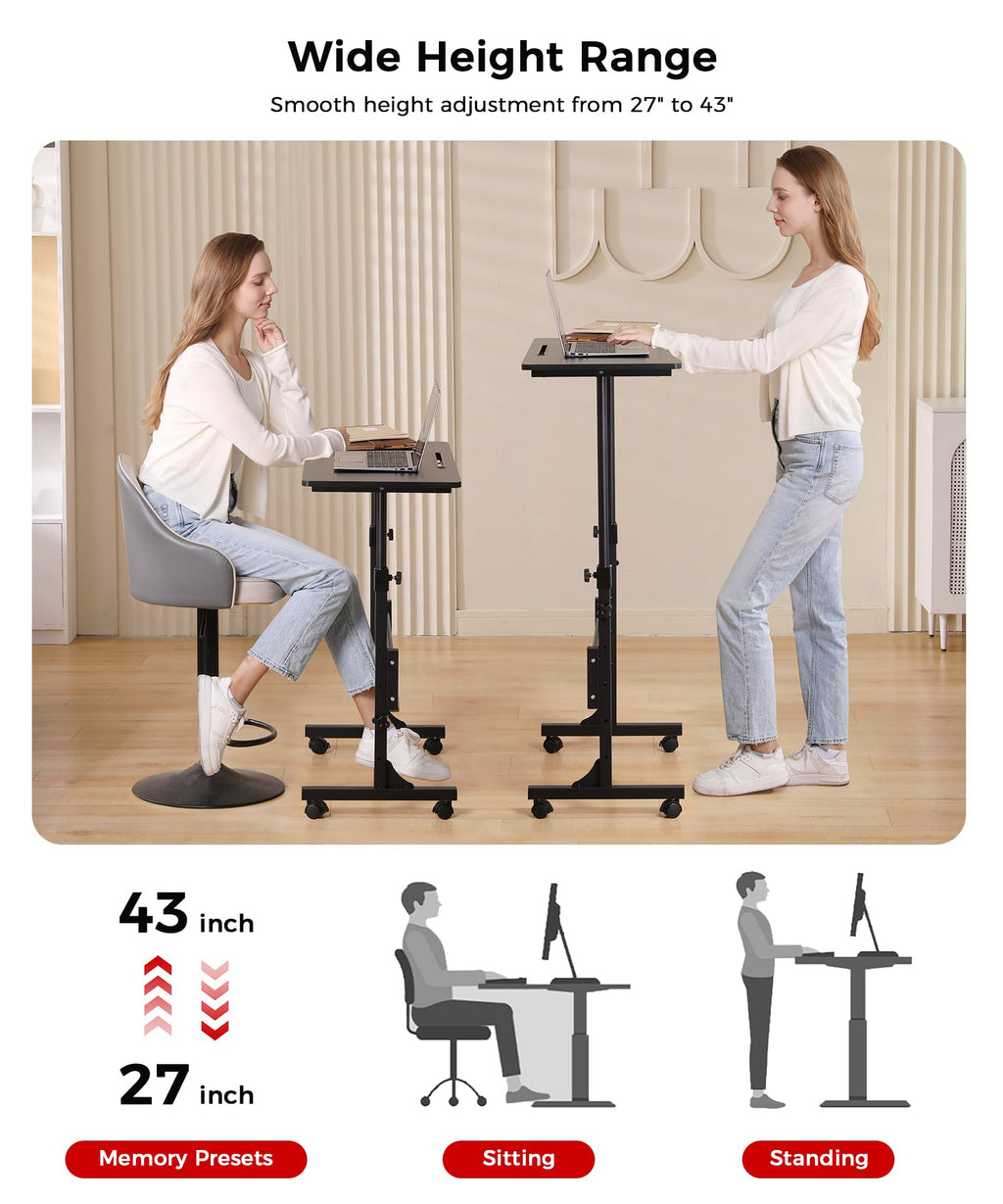 Standing Desk Adjustable Height, Mobile Stand Up Desks with Wheels Small Computer Desk Rolling Desk, Portable Laptop Desk Black Standing Table Sit Stand Home Office Desks 16"x31.5" Height 27"-43.5"