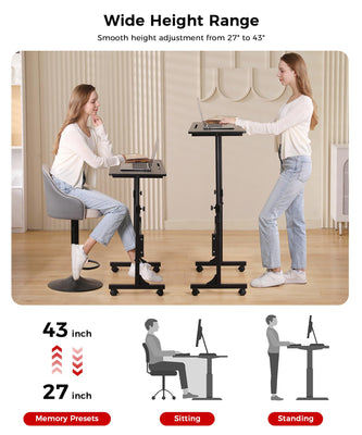 Standing Desk Adjustable Height, Mobile Stand Up Desks with Wheels Small Computer Desk Rolling Desk, Portable Laptop Desk Black Standing Table Sit Stand Home Office Desks 16