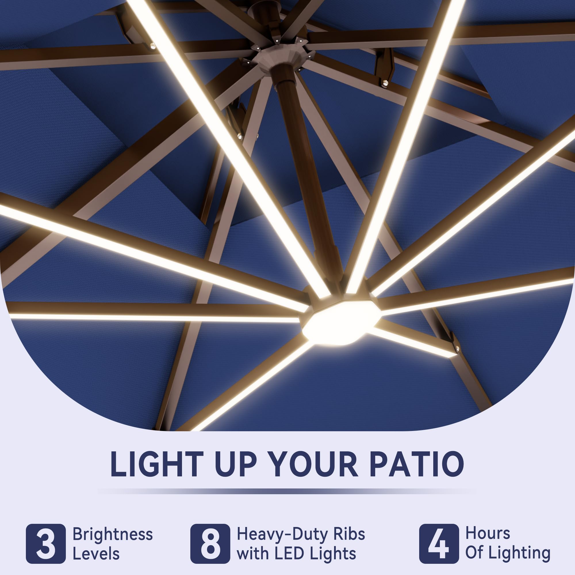 10 X 13 FT Cantilever Outdoor Patio Umbrella with Base Included Large Heavy Duty 360° Rotation Double Top Offset Rectangular Umbrellas with Led Lights for Backyard Outside Deck, NAVY
