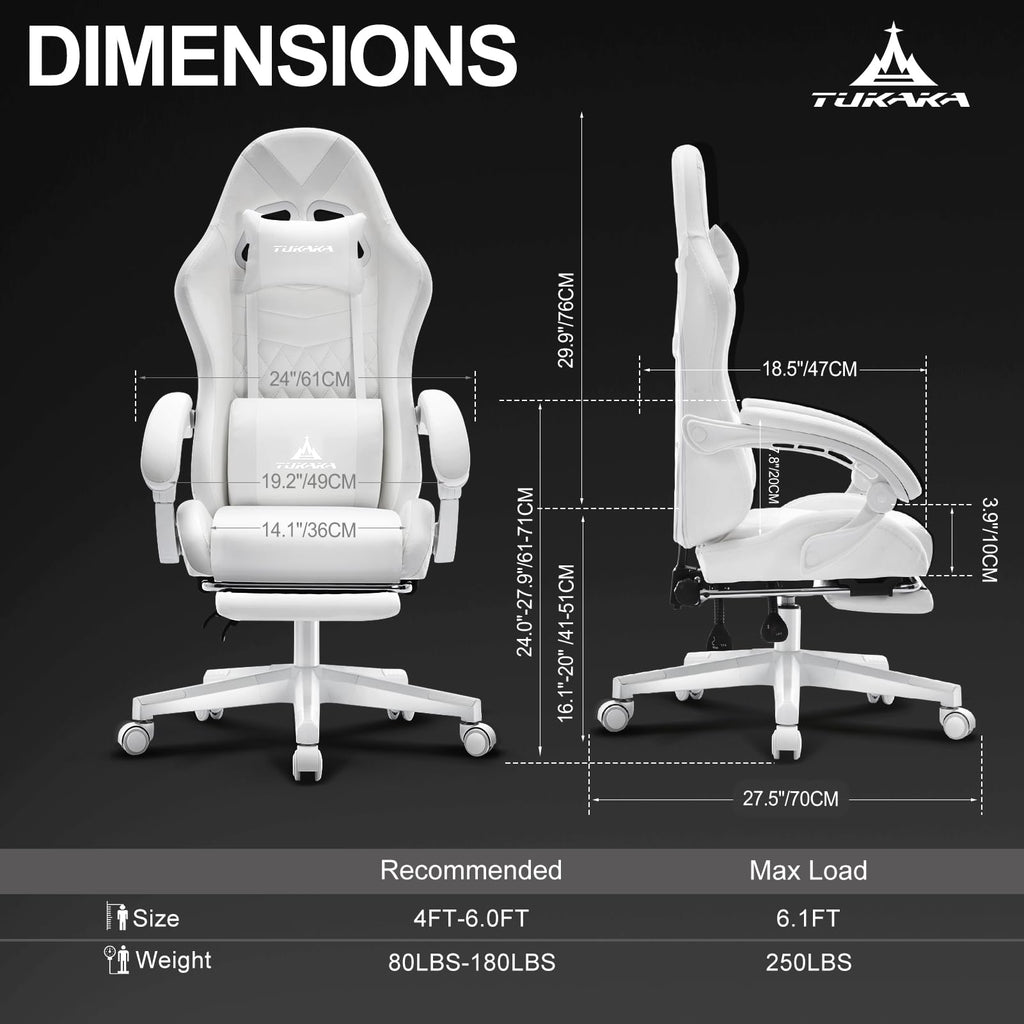 White Gaming Chair,Ergonomic Massage Computer Office Desk Chair with Footrest,Pocket Spring Cushion,Reclining Leather Adjustable Gamer Chair with Headrest and Lumbar Support,White