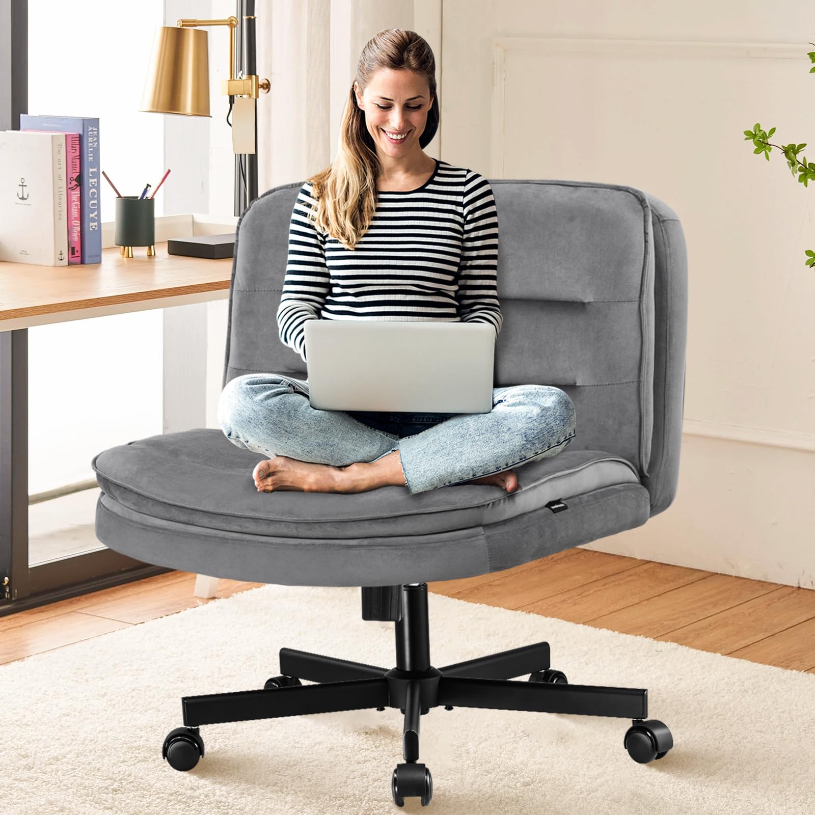Criss Cross Chair with Wheels Armless Cross Legged Office Chair Wide Home Office Desk Chair Swivel Comfy Vanity Desk Chair Height Adjustable Mid Back Wide Seat Computer Task Chair
