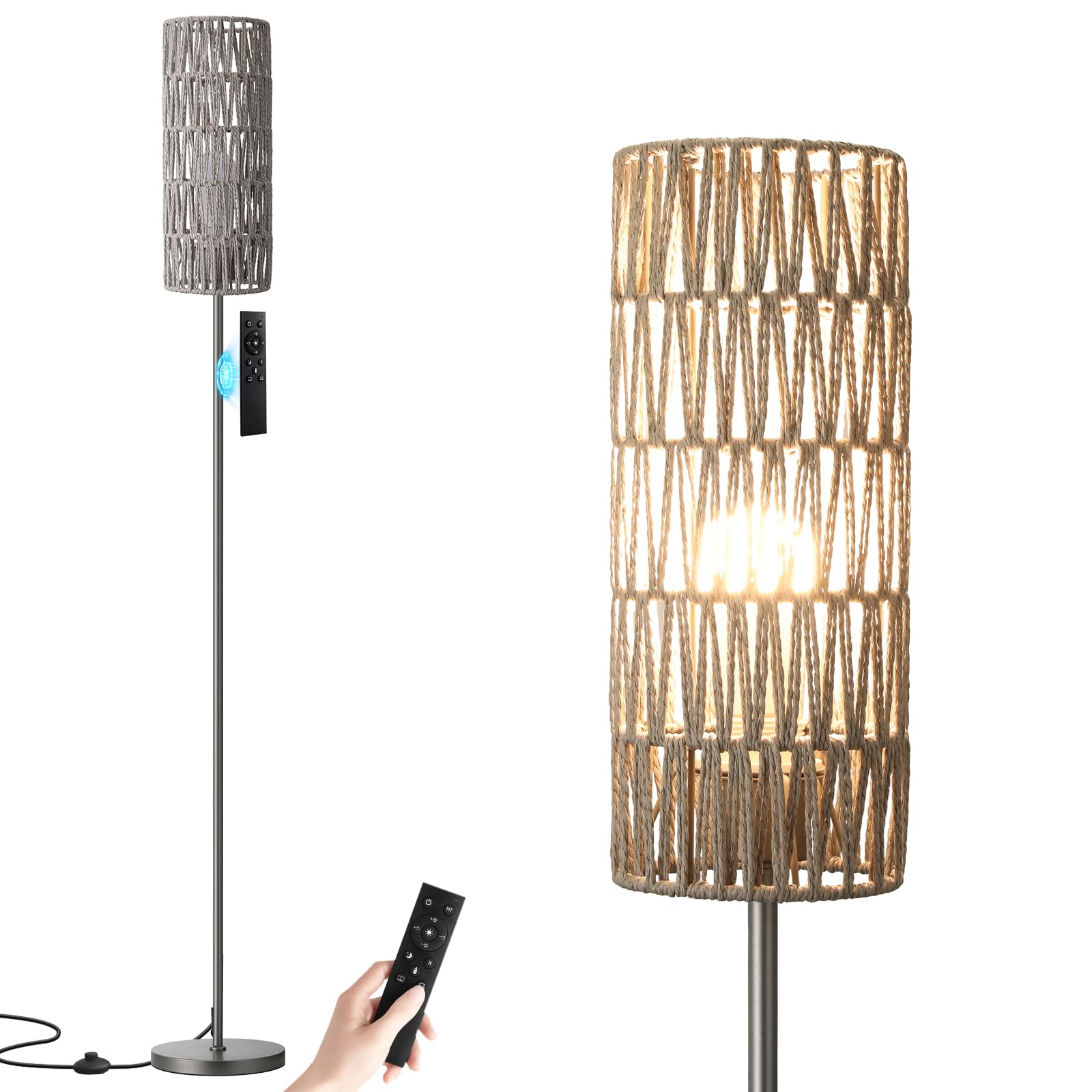 64'' Floor Lamps for Living Room with Remote Control and Stepless Dimmable Colors Temperature & Brightness, Boho Grey Standing Lamp with Grey Rattan Shade