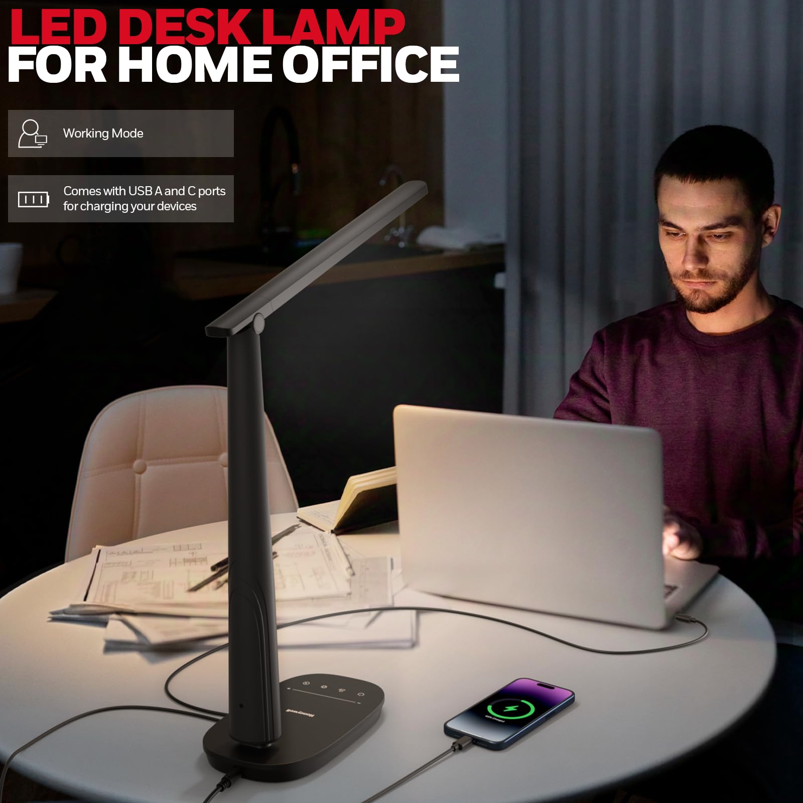 LED Desk Lamp for Home Office, Eye-Caring Light with 4 Color Modes & Touch Control, USB A+C Charging Ports, Adjustable Rotating Head with Timer for Reading, Bedroom & Small Desks