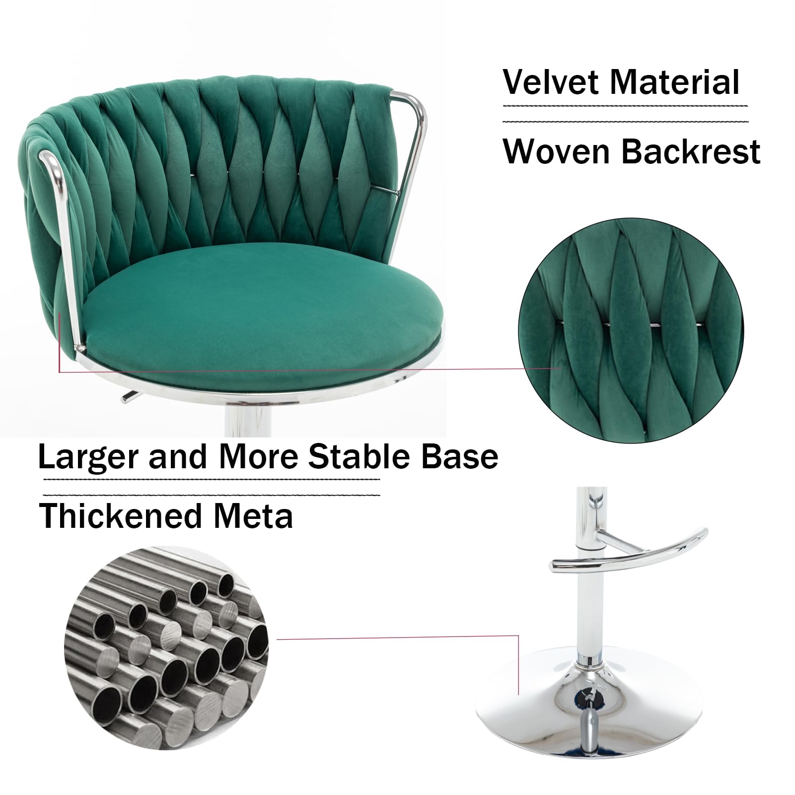 Velvet Bar Stools Set of 2, Swivel Counter Height Bar Stools with Back, Adjustable Woven Barstools for Kitchen Island, Pub, Club (Green)