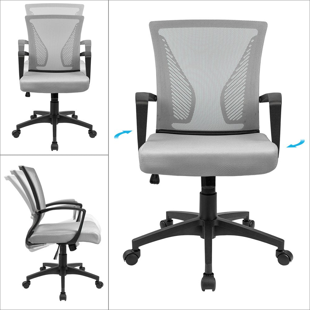 Office Chair Ergonomic Computer Desk Mesh Chair Mid Back Swivel Lumbar Support with Armrest (1, Gray)