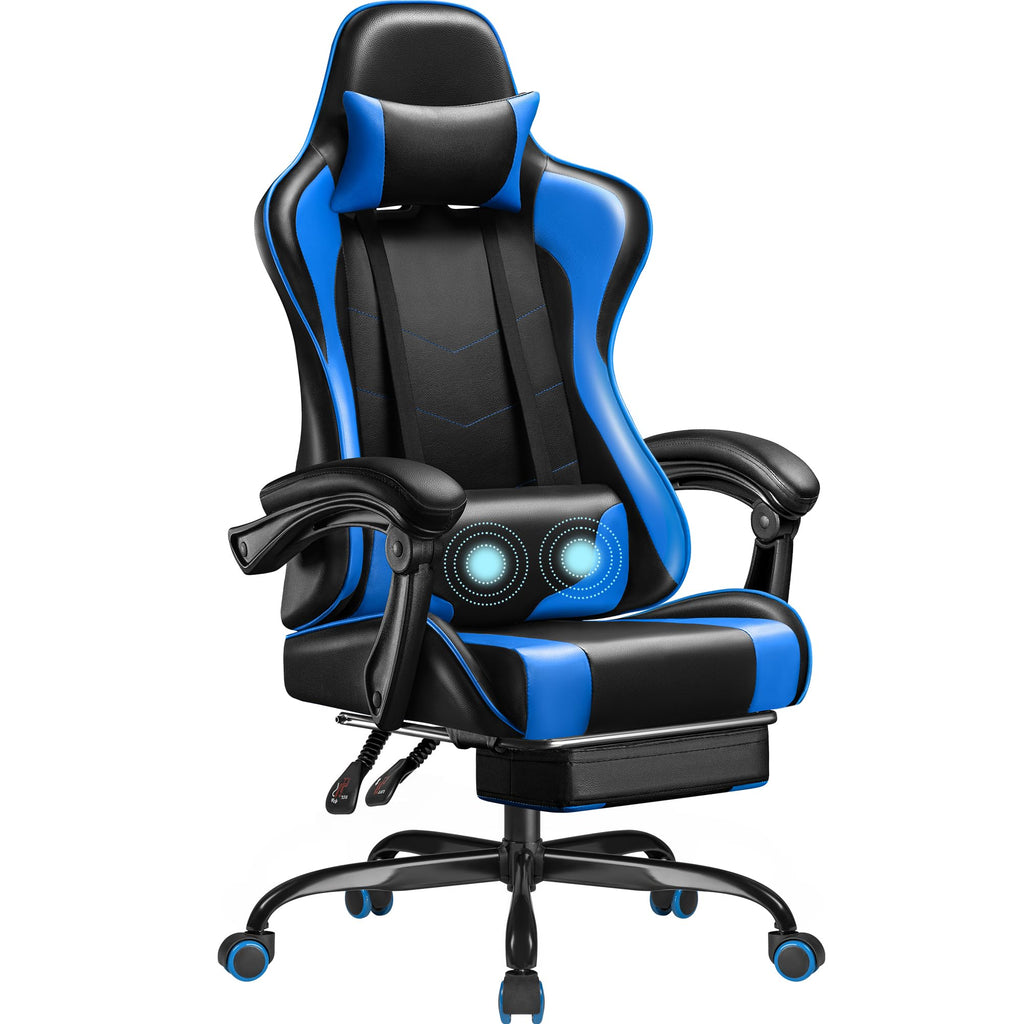 Gaming Chair, Video Game Chair with Footrest and Massage Lumbar Support, Ergonomic Computer Chair Height Adjustable with Swivel Seat and Headrest (Blue)