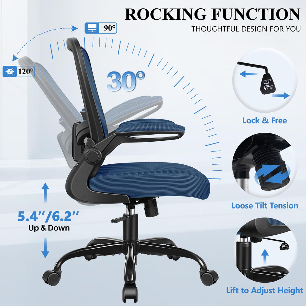 Office Chair, Ergonomic Desk Chair Breathable Mesh Chairs Adjustable High Back Lumbar Support Flip-up Armrests, Executive Rolling Swivel Comfy Computer Chairs Home Office Navy