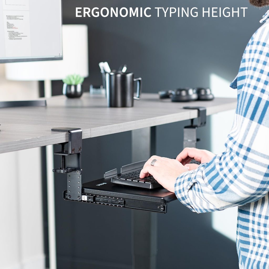 Large Height Adjustable Under Desk Keyboard Tray, C-clamp Mount System, 27(33 Including Clamps) x 11 inch Slide-Out Platform for Typing, Black, MOUNT-KB05HB