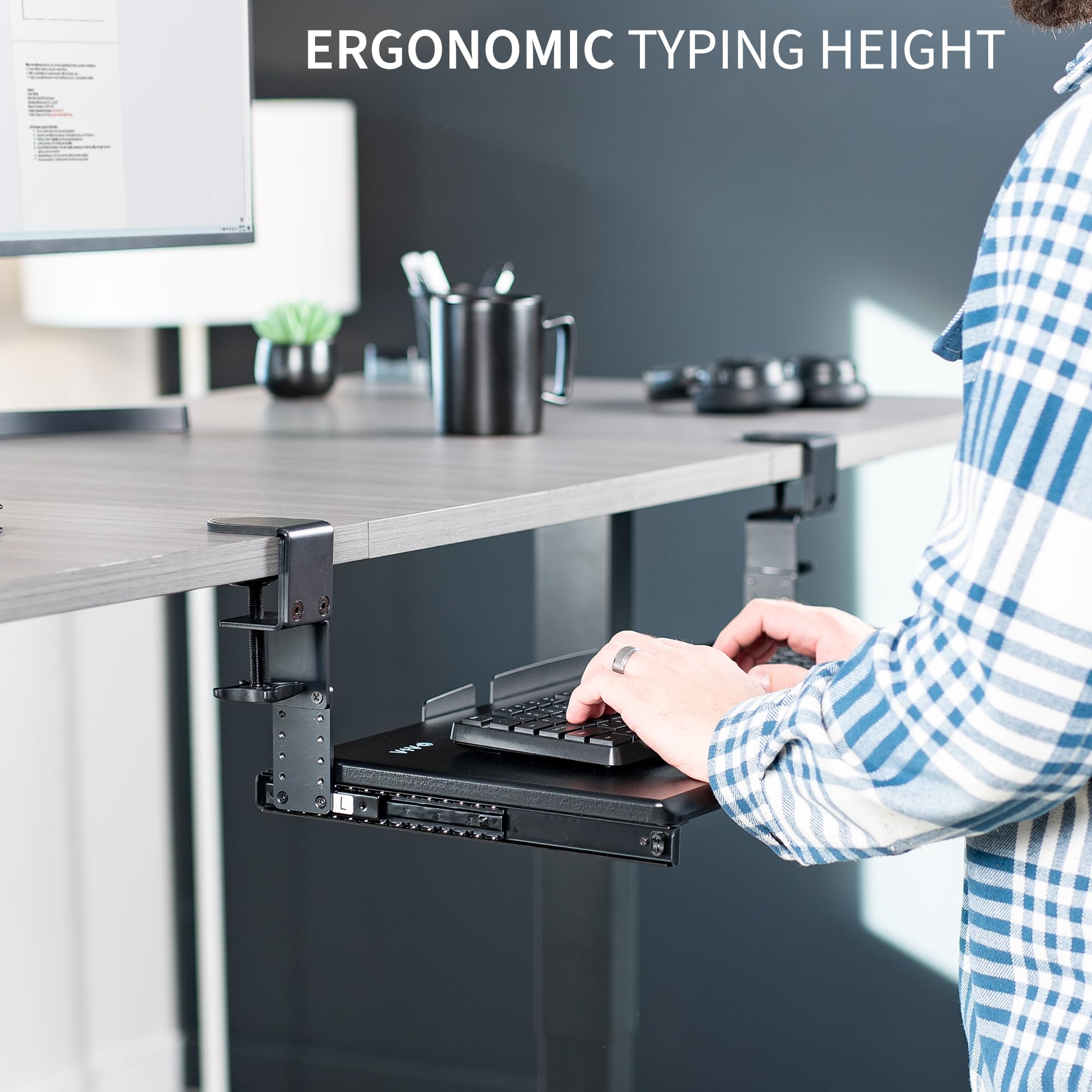 Large Height Adjustable Under Desk Keyboard Tray, C-clamp Mount System, 27(33 Including Clamps) x 11 inch Slide-Out Platform for Typing, Black, MOUNT-KB05HB