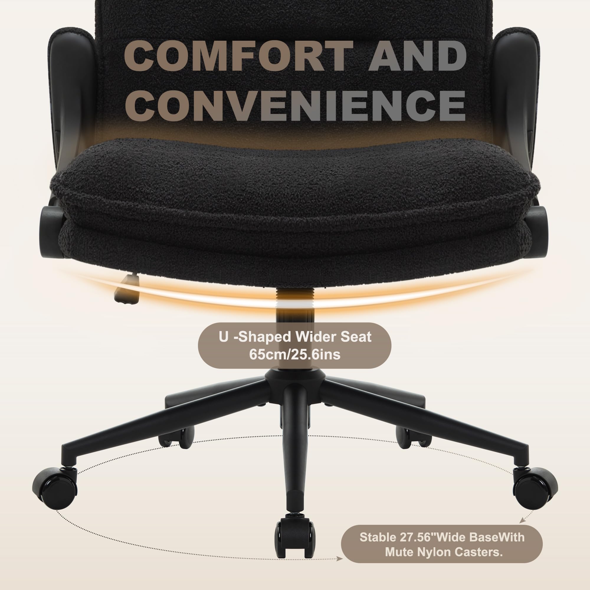 Criss Cross Legged Office Chair with Wheels and Flip-Up Arms, Ergonomic Wide Seat Desk Chair with Thick Padded, Height Adjustable Criss Cross Chairs for Home Office, Bedroom,Apartment,Vanity,Black
