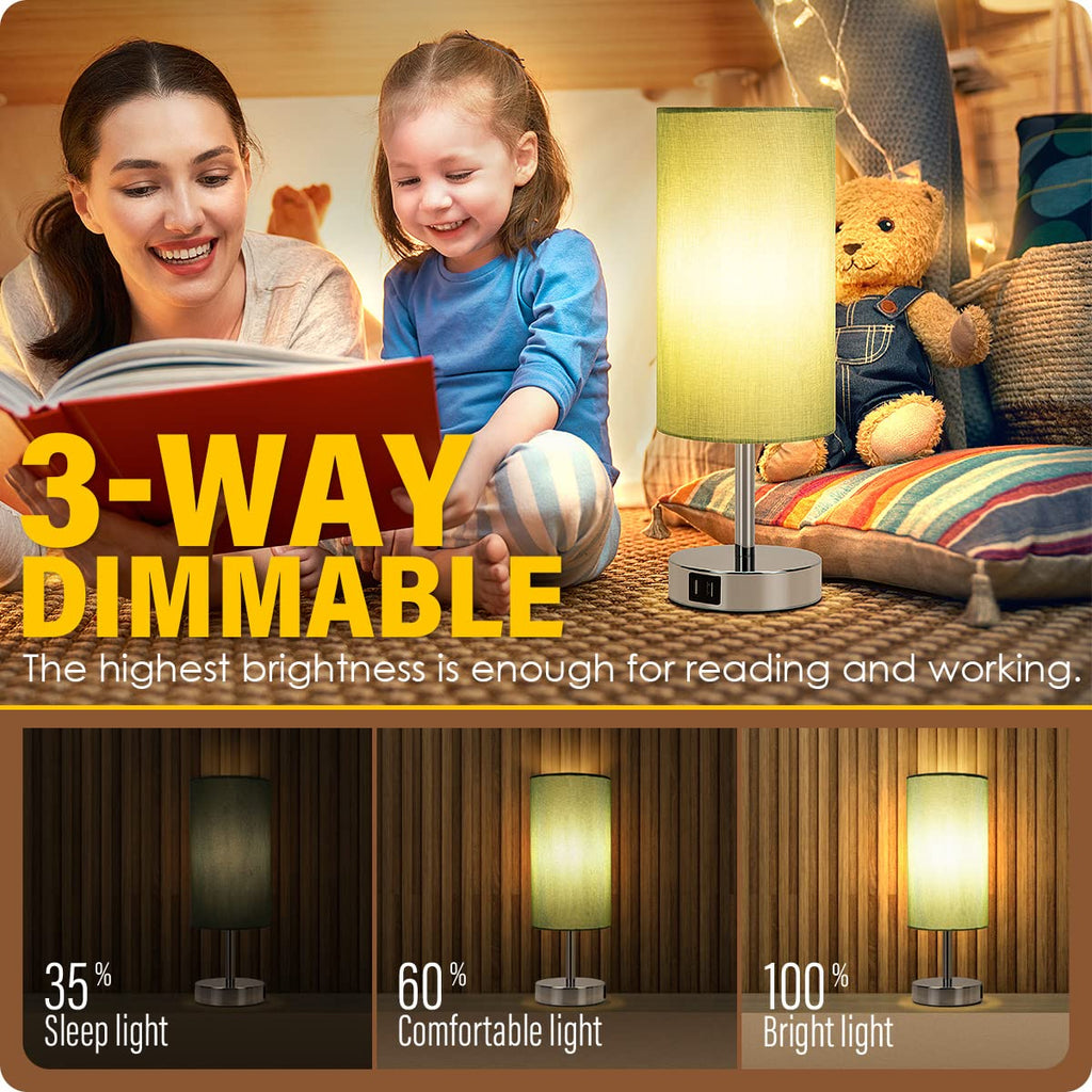 Bedside Lamp with USB Port - Touch Control Table Lamp for Bedroom 3 Way Dimmable Nightstand Lamp with Round Denim Fabric Shade for Living Room, Dorm, Home Office (LED Bulb Included)