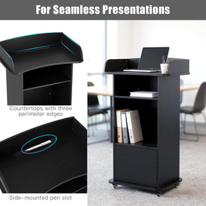 Podium Stand Portable with Wheels, Classroom Lectern for Teacher with Adjustable Storage Shelf, Mobile Rolling Church Pulpits, Office Wooden Reception Desk, Host Stand for School Conference（Black）