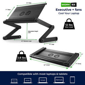 Executive Laptop Cooling Stand, Adjustable Desk for Bed, Foldable with 2 Fans & 3 USB Ports, Computer Lap Desk, PC Holder for Bed, Ergonomic Table Stand, Home Office Supplies, Black