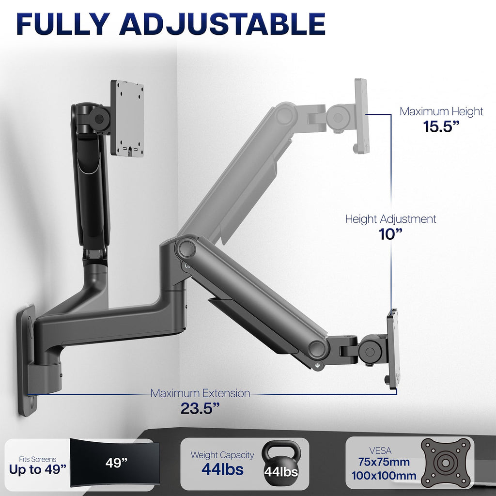 Premium Ultrawide Monitor Counterbalance Wall Mount for up to 49 inch Screens, Holds 44 lbs, Full Motion, Max VESA 100x100, Black, MOUNT-V101V