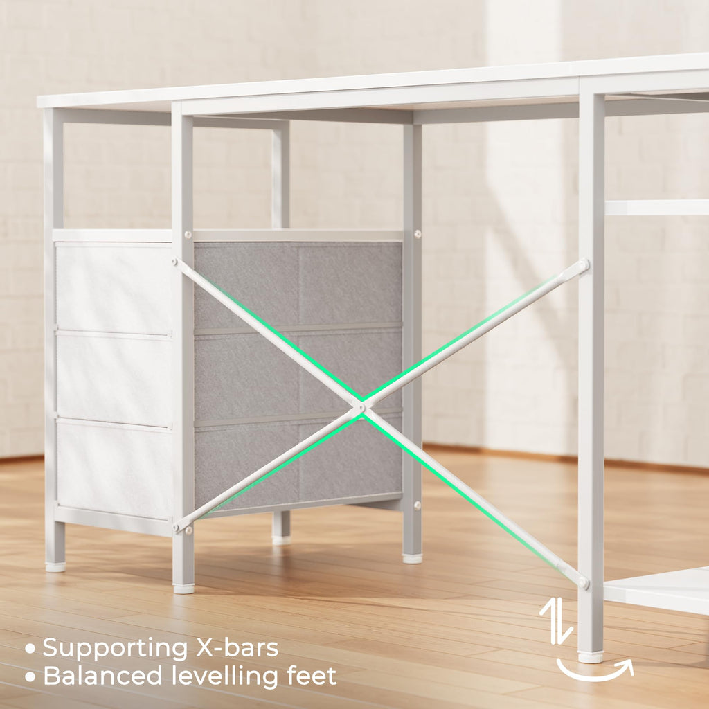 L Shaped Office Desk with Power Outlets, 47 Inch Computer Desk with 3 Drawers, Shelves, for Gaming, Corner Work, Home Office, Study, White