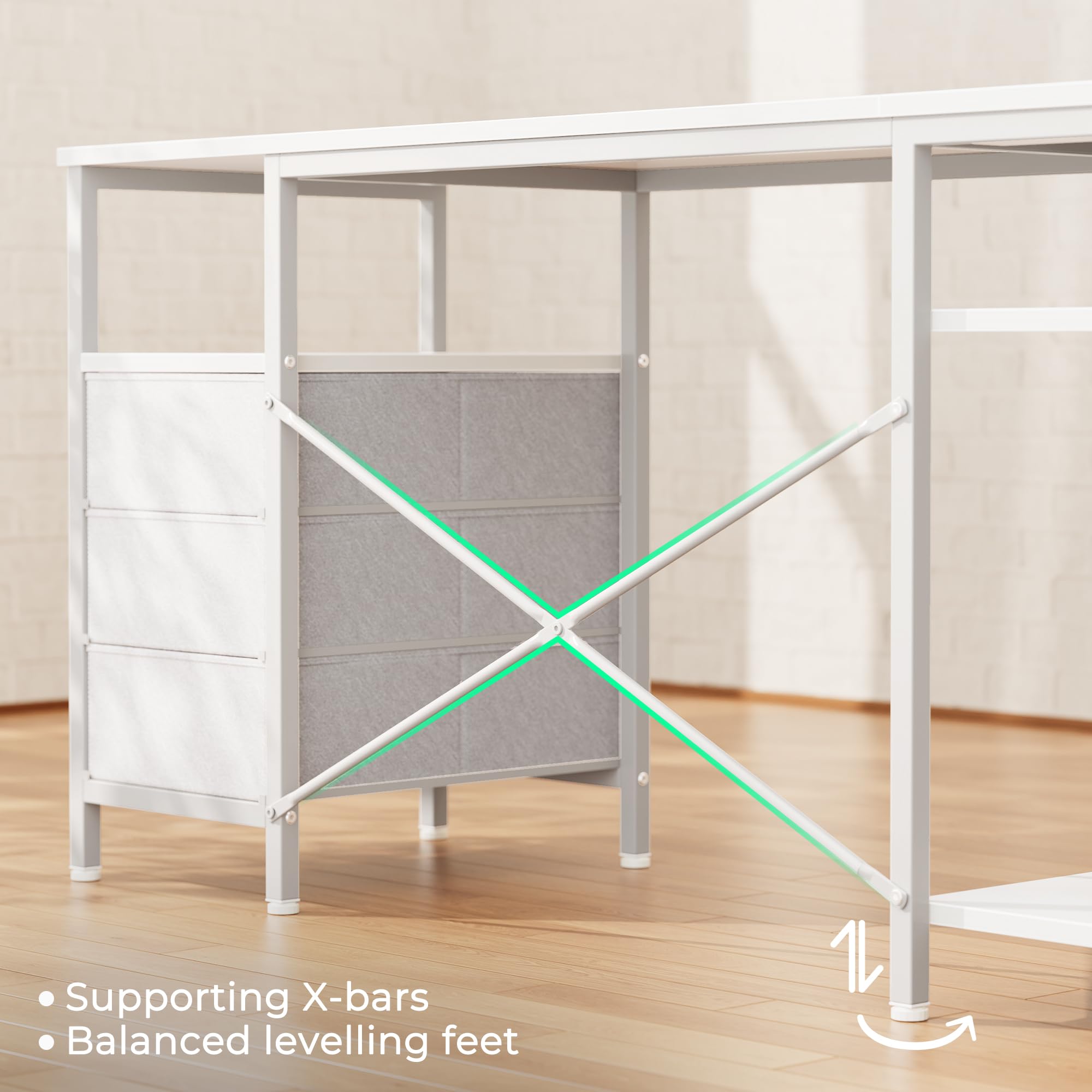 L Shaped Office Desk with Power Outlets, 47 Inch Computer Desk with 3 Drawers, Shelves, for Gaming, Corner Work, Home Office, Study, White