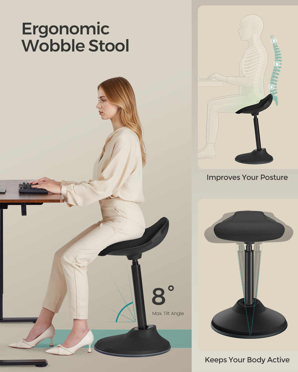 Ergonomic Wobble Stool, Height Adjustable Standing Desk Stool 23.6-33.3 Inches, Swivel Balance Chair with Non-Slip Base, Standing Chair, for Active Sitting, Office, Home, Ink Black UOSC02BK