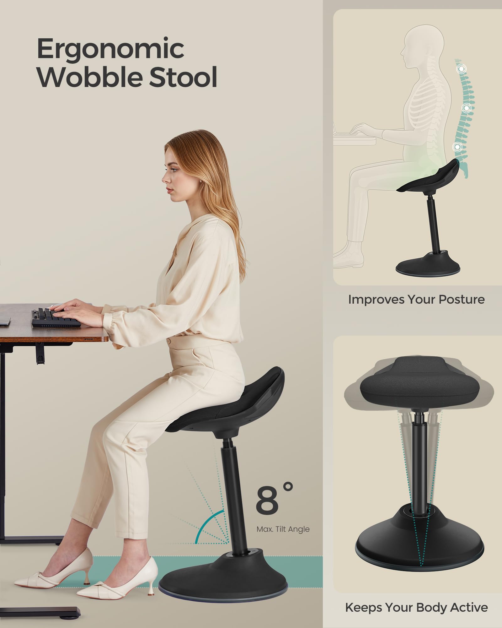 Ergonomic Wobble Stool, Height Adjustable Standing Desk Stool 23.6-33.3 Inches, Swivel Balance Chair with Non-Slip Base, Standing Chair, for Active Sitting, Office, Home, Ink Black UOSC02BK