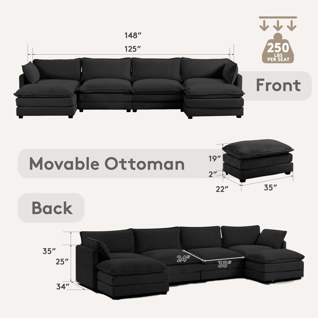 148'' Sectional Cloud Couch with 2 Ottomans, Oversized 4 Seat Sleeper Sofa with 2 Throw Pillows, Convertible Upholstered U Shaped Cozy Sofa Furniture Set for Living Room and Office, Black