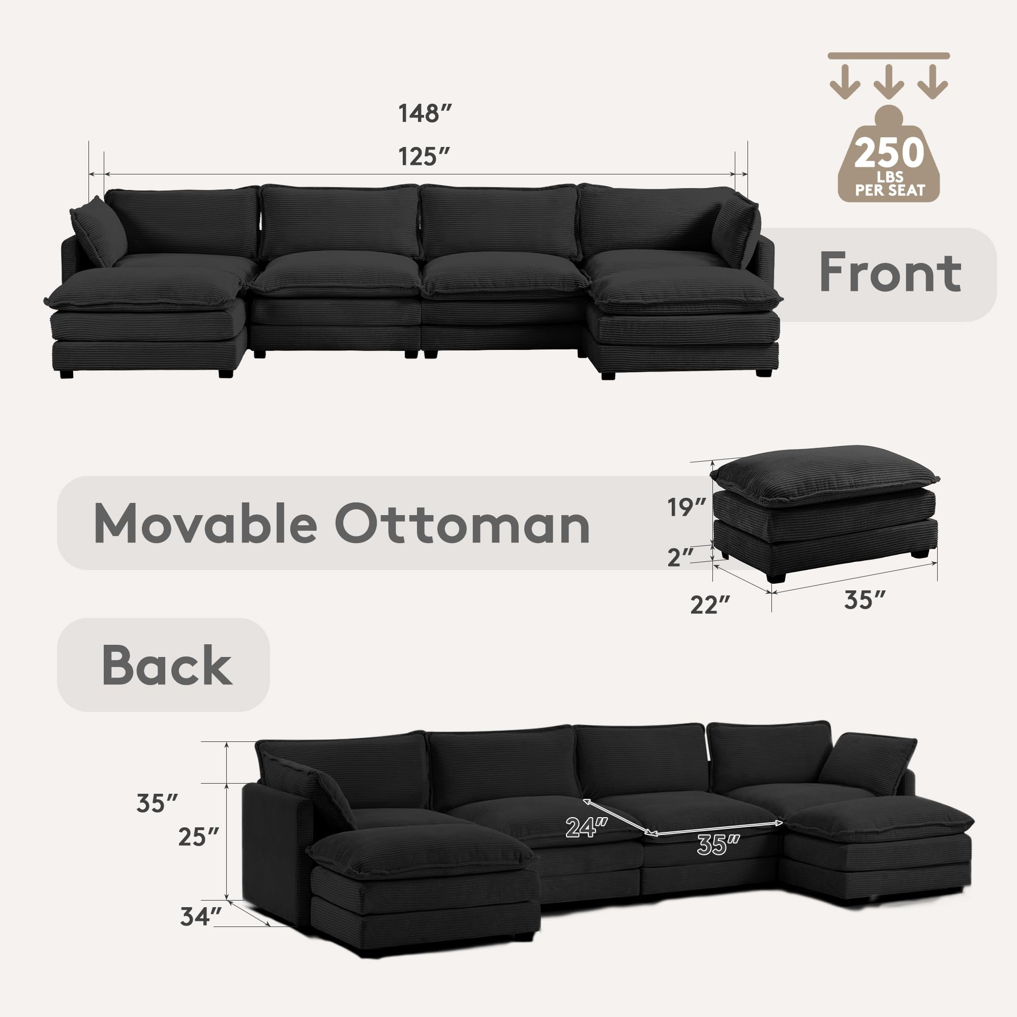 148'' Sectional Cloud Couch with 2 Ottomans, Oversized 4 Seat Sleeper Sofa with 2 Throw Pillows, Convertible Upholstered U Shaped Cozy Sofa Furniture Set for Living Room and Office, Black