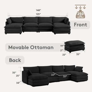 148'' Sectional Cloud Couch with 2 Ottomans, Oversized 4 Seat Sleeper Sofa with 2 Throw Pillows, Convertible Upholstered U Shaped Cozy Sofa Furniture Set for Living Room and Office, Black