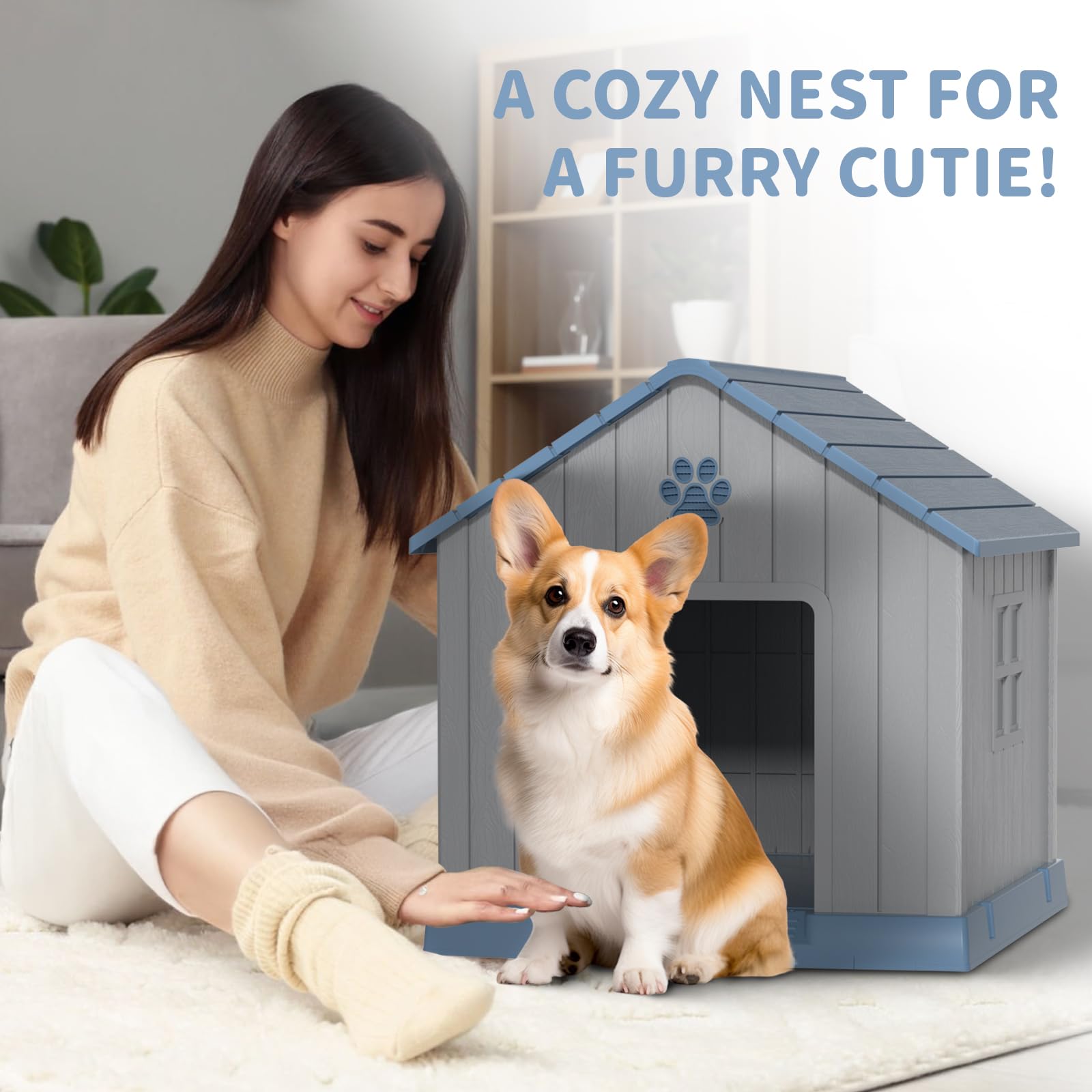 Dog House Indoor Outdoor for Small to Large Sized Dogs Indoor Outdoor Doghouse Puppy Shelter with Elevated Floor, Easy to Assemble (Blue, 31Inch(31.18 * 33.7 * 32.52))