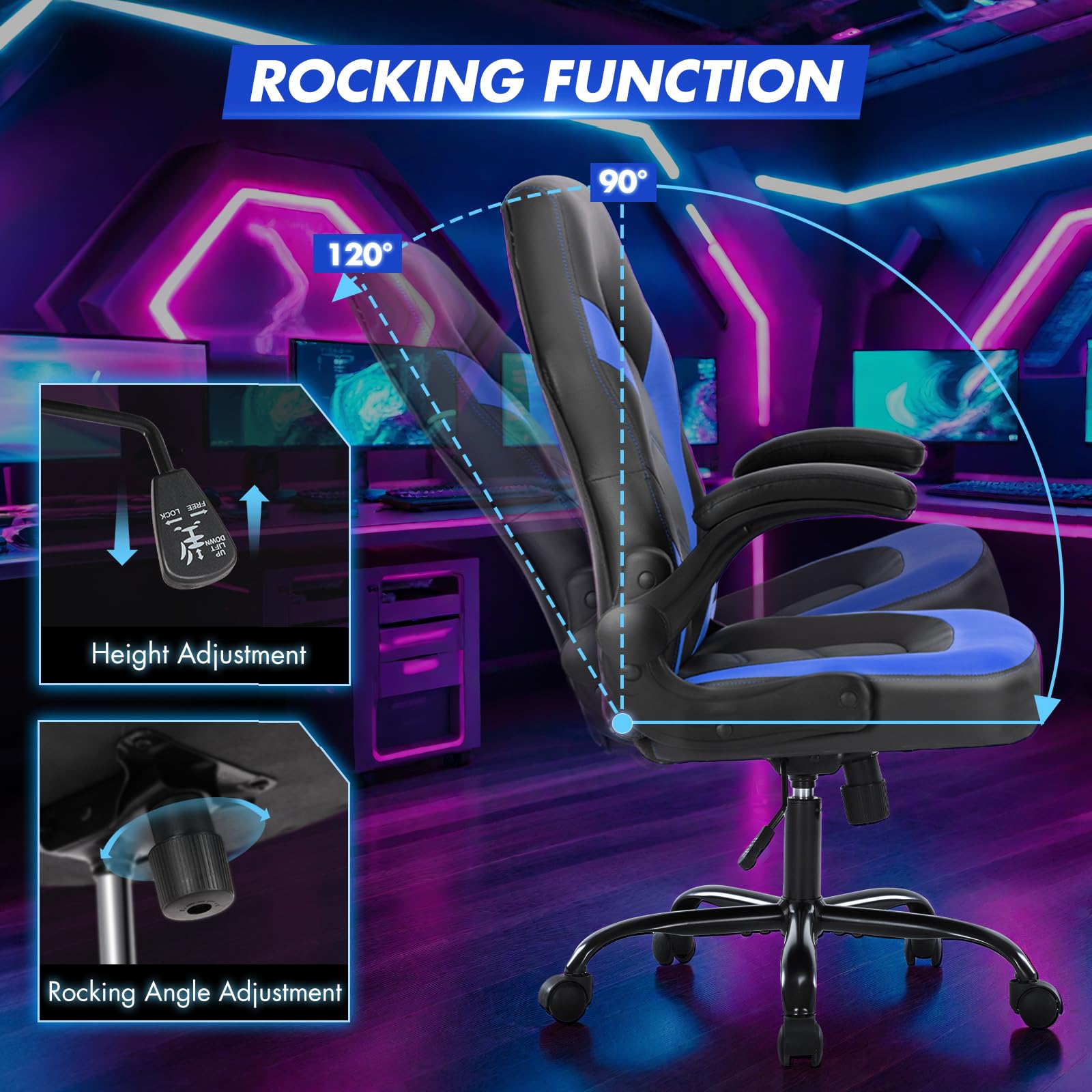 Computer Video Game Desk Chair - Ergonomic Comfy Lumbar Support, PU Leather with Flip-up Armrest, Height Adjustable and 360° Swivel, for Adults, Black Blue