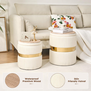 Velvet Round Ottoman with Storage Set of 2 for Livingroom Small Foot Stool Ottoman for Living Room Small Coffee Table Vanity Stool with Storage for Bedroom White