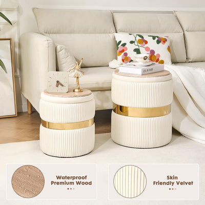 Velvet Round Ottoman with Storage Set of 2 for Livingroom Small Foot Stool Ottoman for Living Room Small Coffee Table Vanity Stool with Storage for Bedroom White