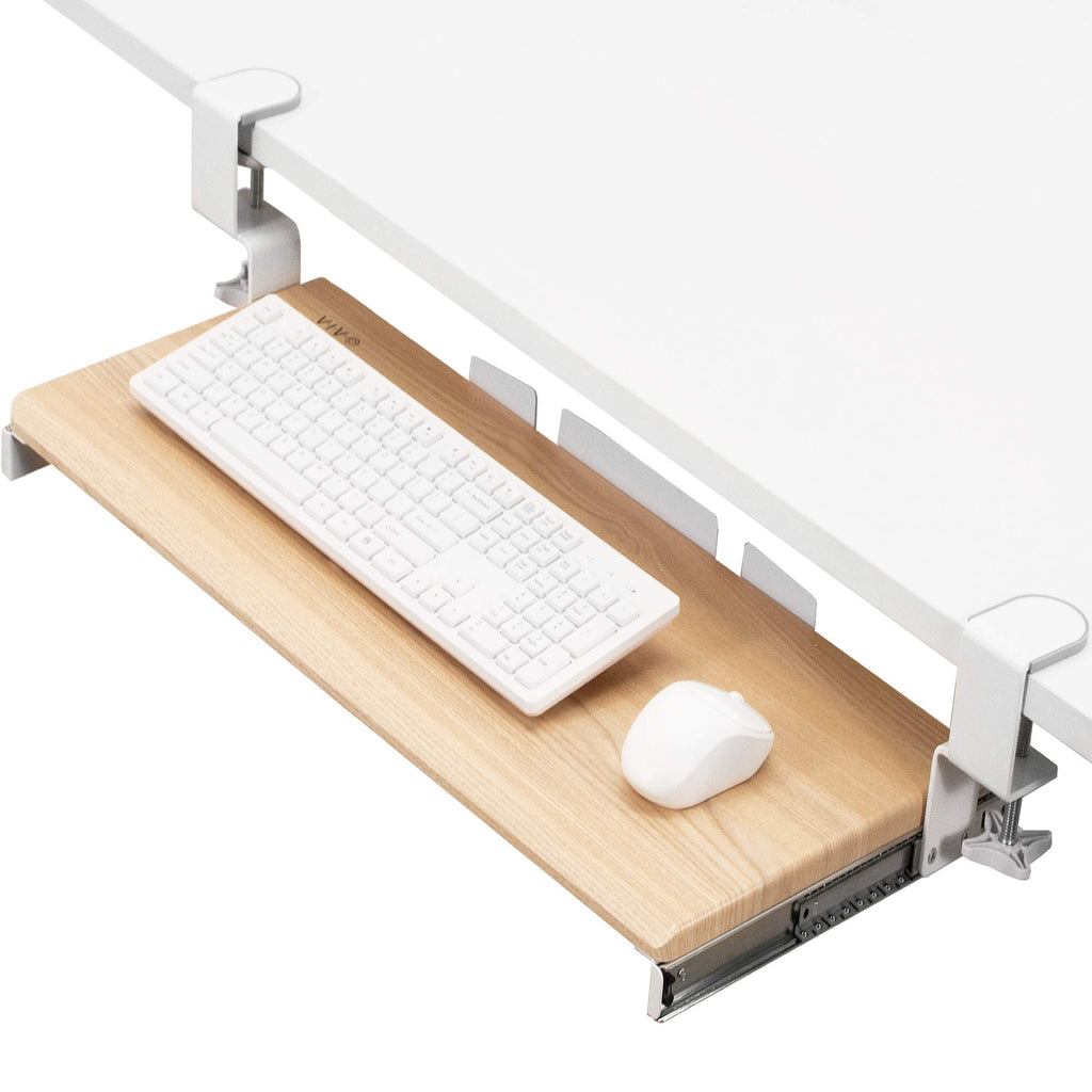 Large Clamp-on Computer Keyboard and Mouse Under Desk Slider Tray, 27 x 11 inch Pull Out Platform Drawer, Light Wood, MOUNT-KB05A