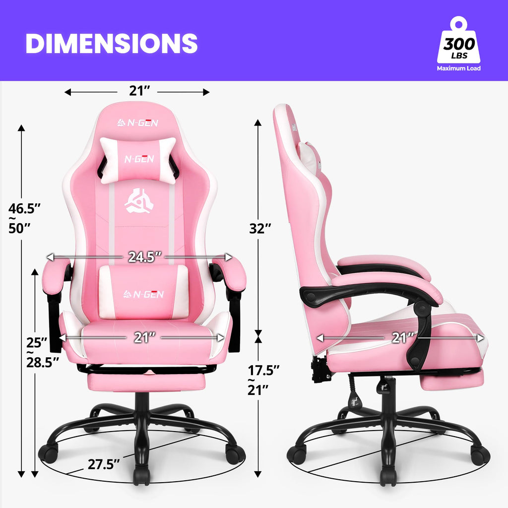 Video Gaming Chair with Footrest Lumbar Support for Home Office High Back Recliner Height Adjustable Ergonomic Comfy Leather Computer Desk Chair (Pink)